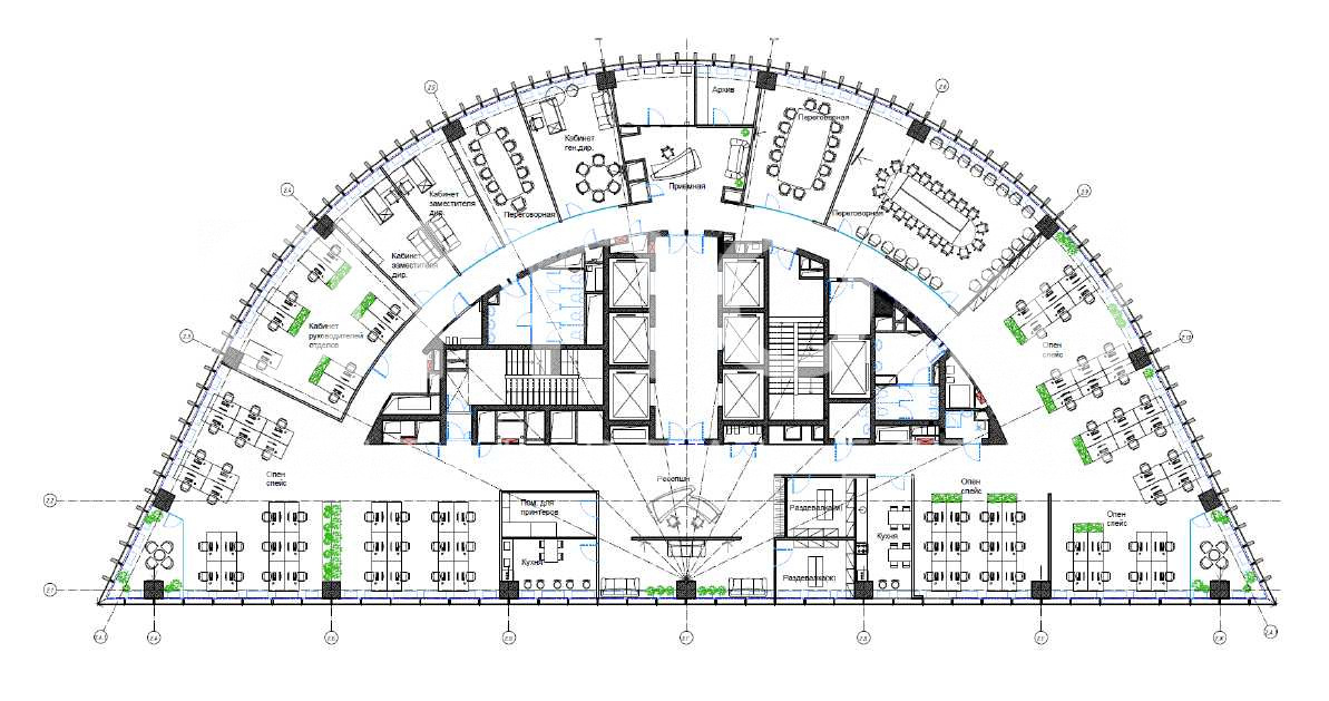 Планировка офиса 1232 м², 6 этаж, Офисно-гостиничный комплекс «Парк Хуамин, фаза 1»